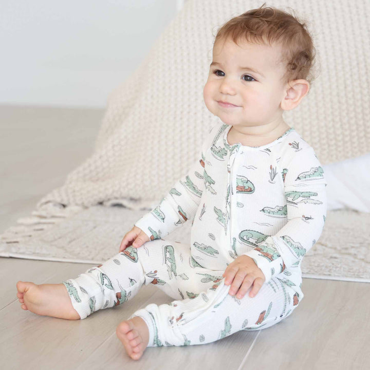 alligator bamboo waffle convertible zip romper pajama on baby boy 