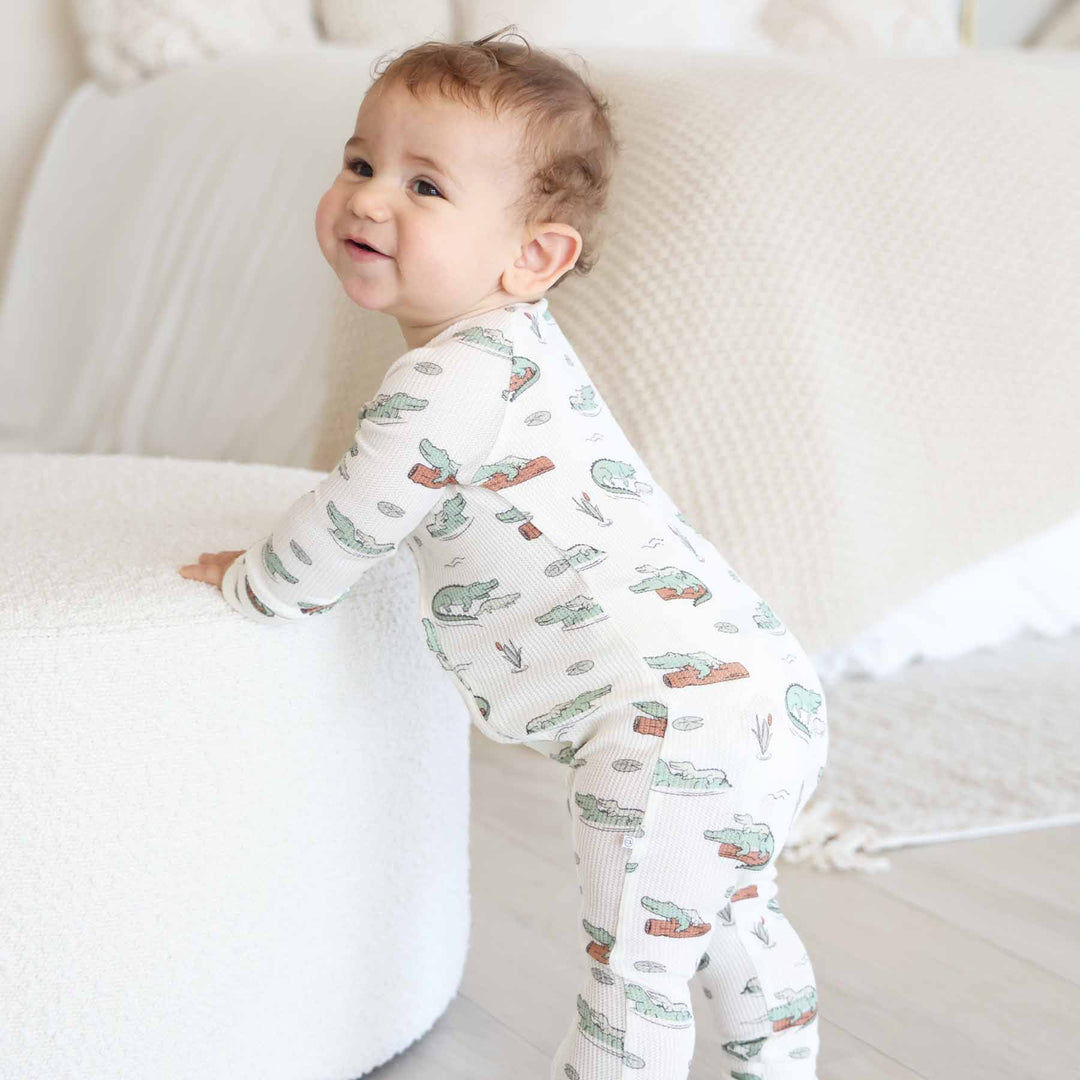 gator convertible zip romper tan with green alligators