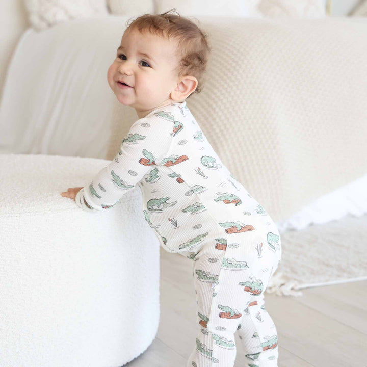 gator convertible zip romper tan with green alligators