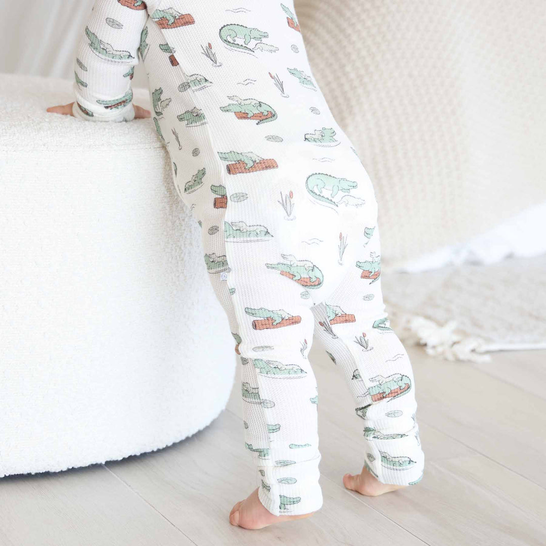 swamp convertible zip romper made of bamboo waffle for baby boys 