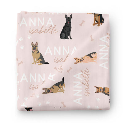 pink personalized swaddle blanket with german shepherds