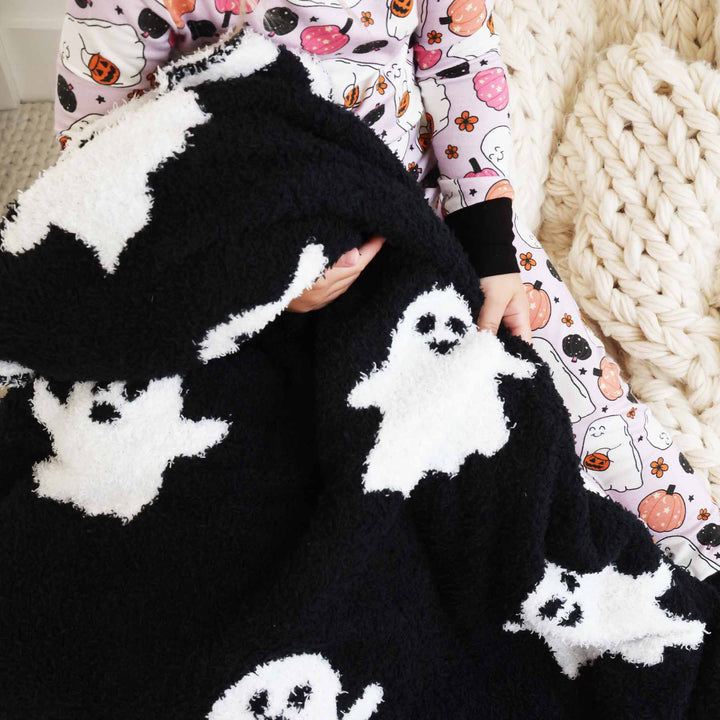 black and white reversible ghost blanket for halloween 