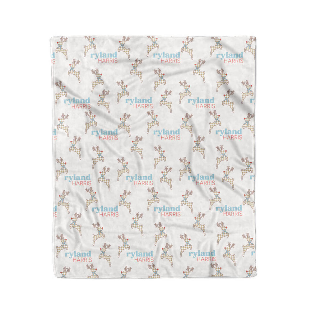 gingham reindeer personalized kids blanket for christmas
