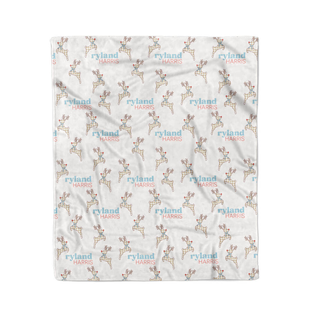 gingham reindeer personalized kids blanket for christmas
