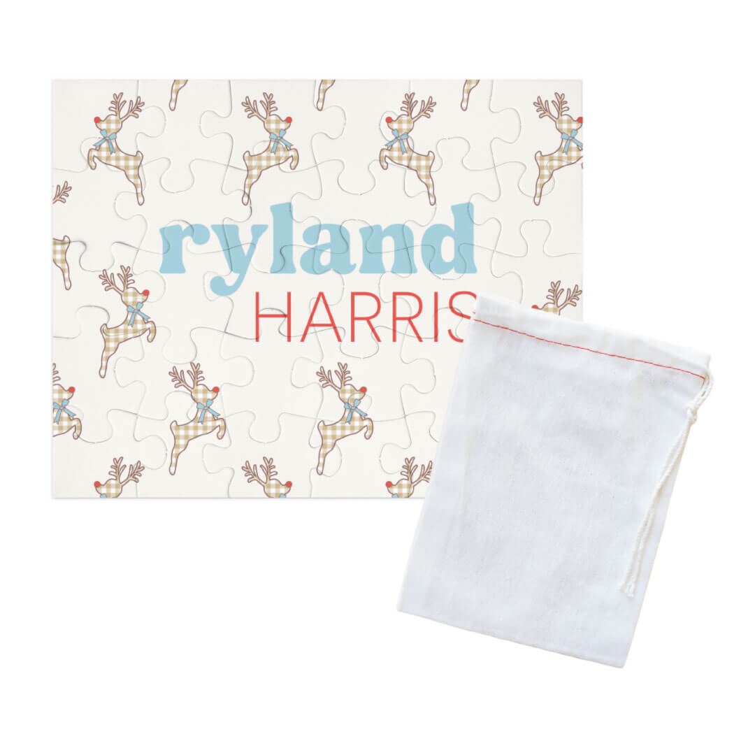 gingham reindeer personalized puzzle for kids