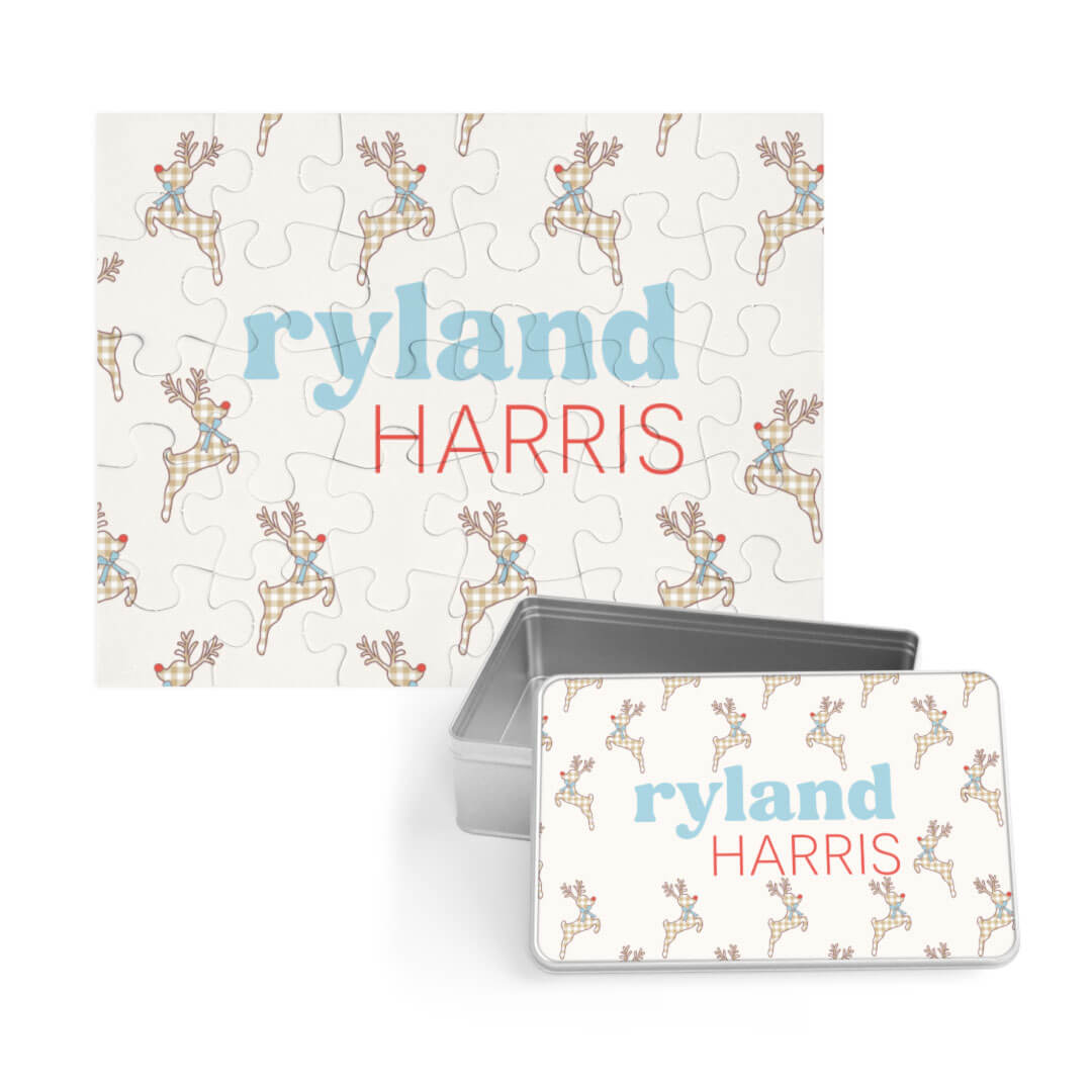 boy's personalized puzzle for christmas with gingham reindeer