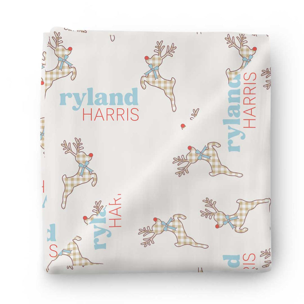 gingham reindeer personalized swaddle blanket