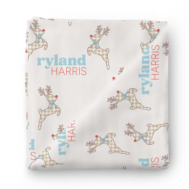 gingham reindeer personalized swaddle blanket