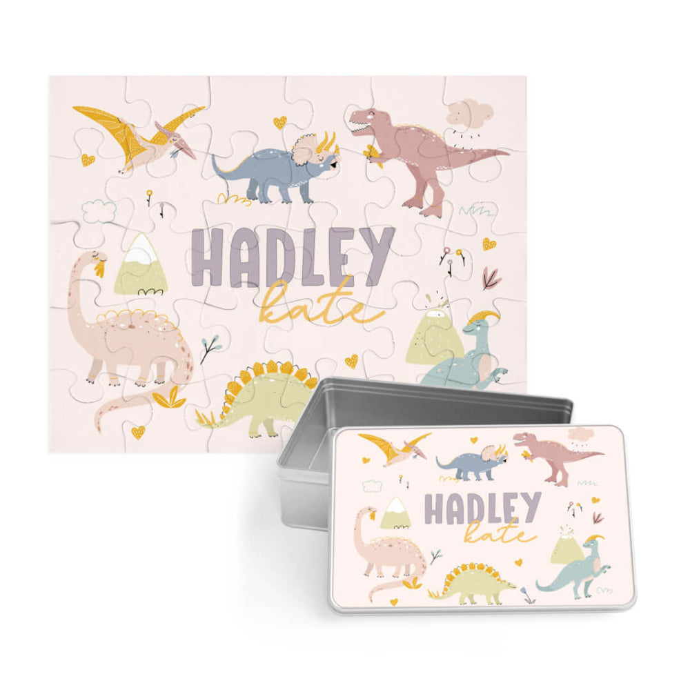 personalized pastel dinosaur puzzle for girls with matching tin 