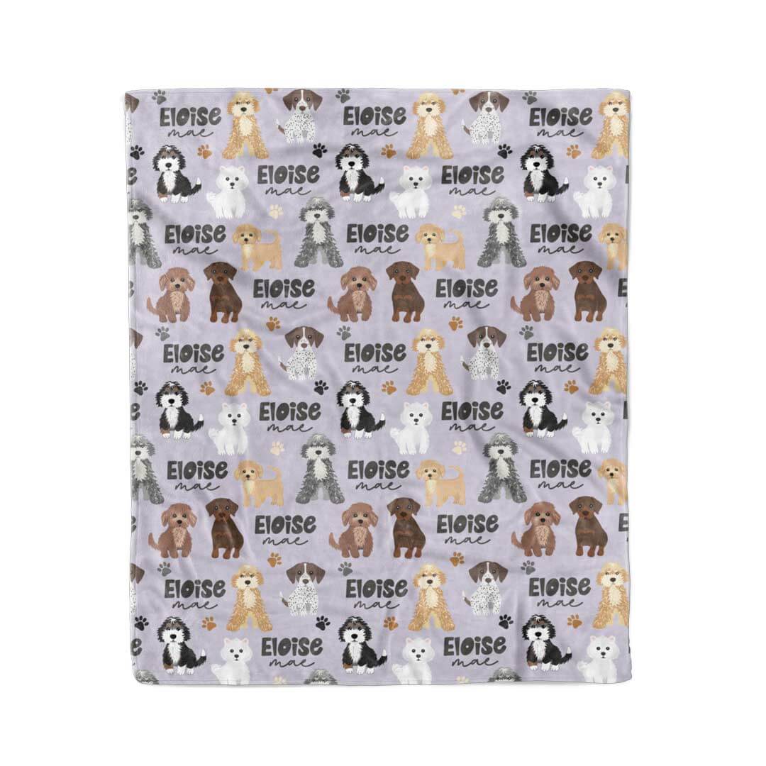 purple personalized toddler blanket with puppies