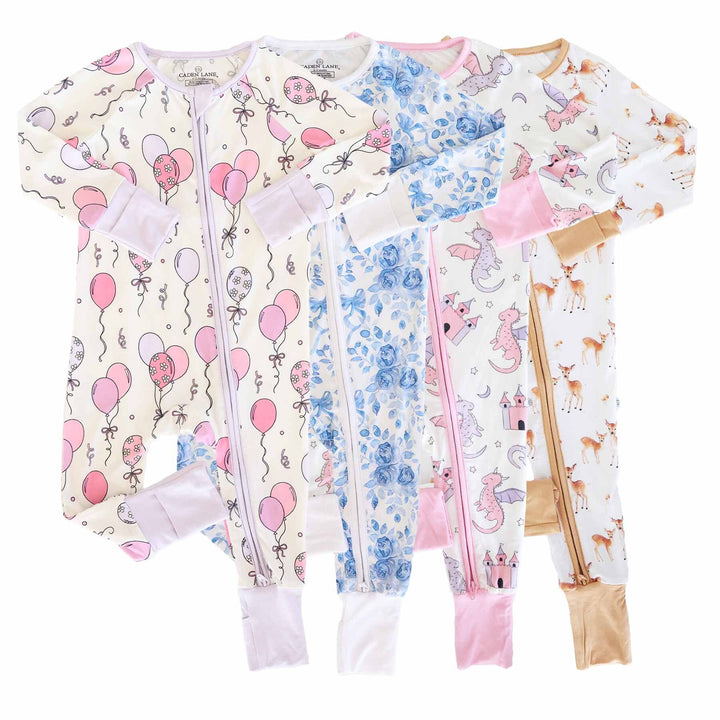 Convertible Zip Romper group listing photo with new prints. Friendly Fawns, Dragon Adventure Pink, Party Time Pink, & Betsy's Blooms.