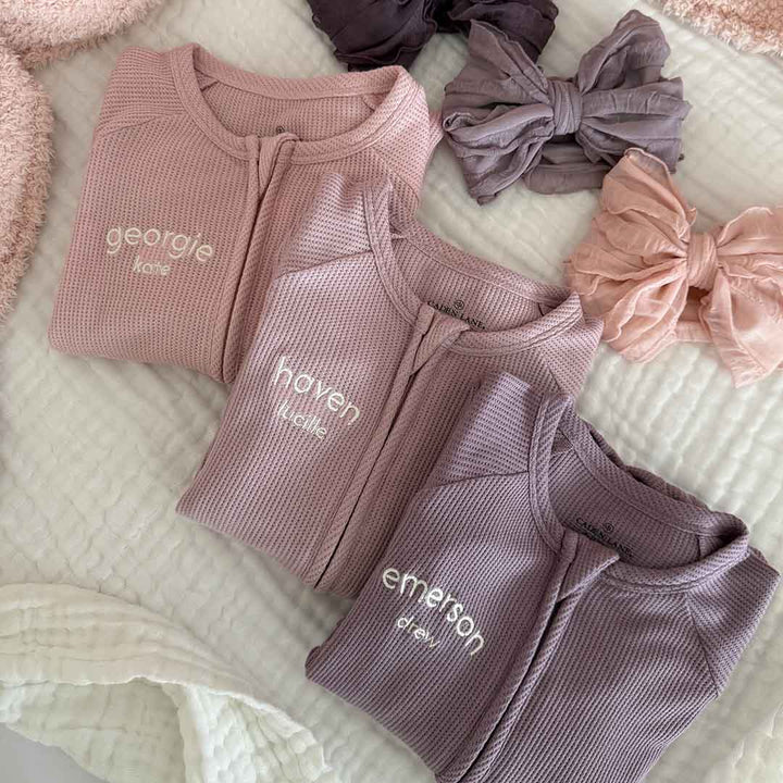 girls bamboo waffle sleeper romper with monogram