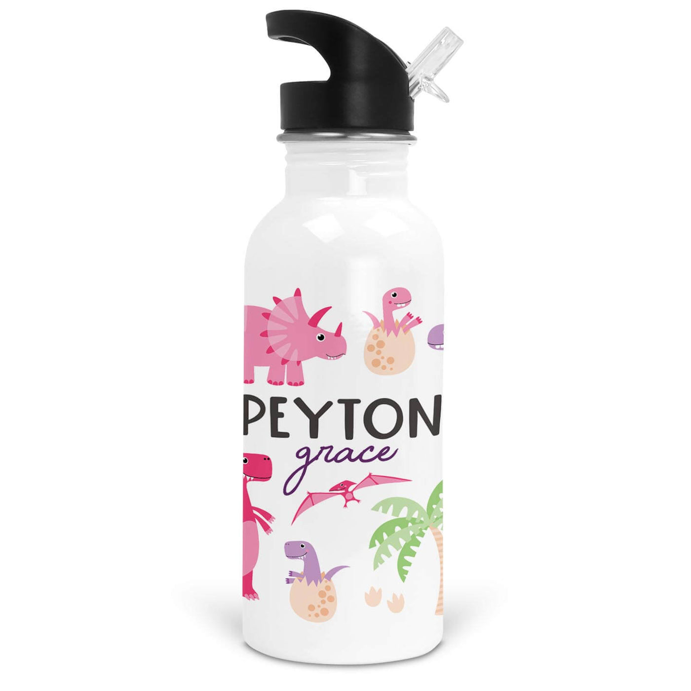pink dinosaur personalized water bottle 
