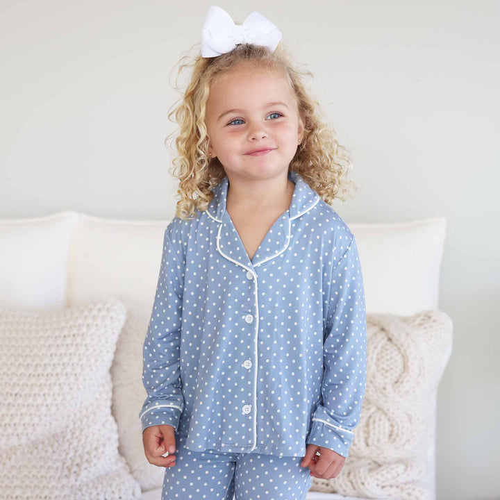 girl's two piece flare lounge set blue with white polka dots 