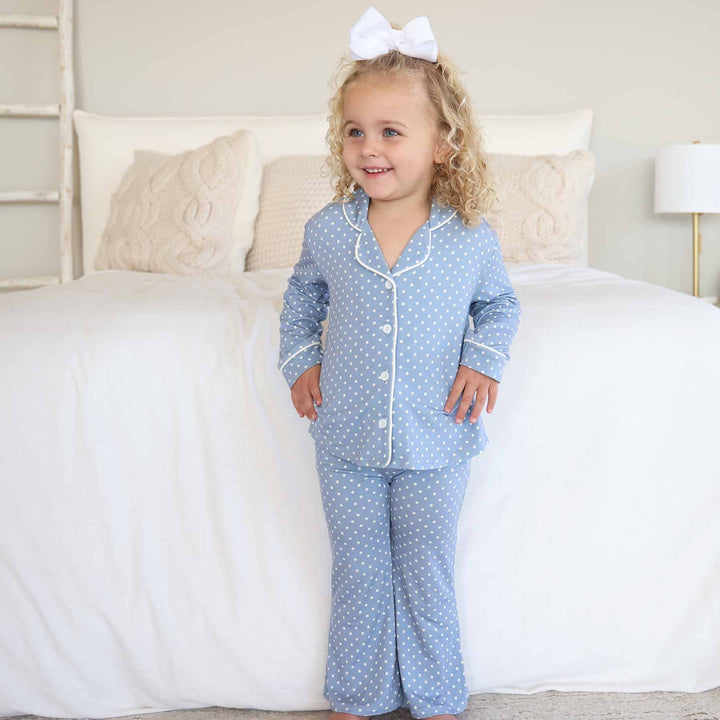 girl's bamboo flare lounge set blue with white polka dots with a button up shirt with collar 