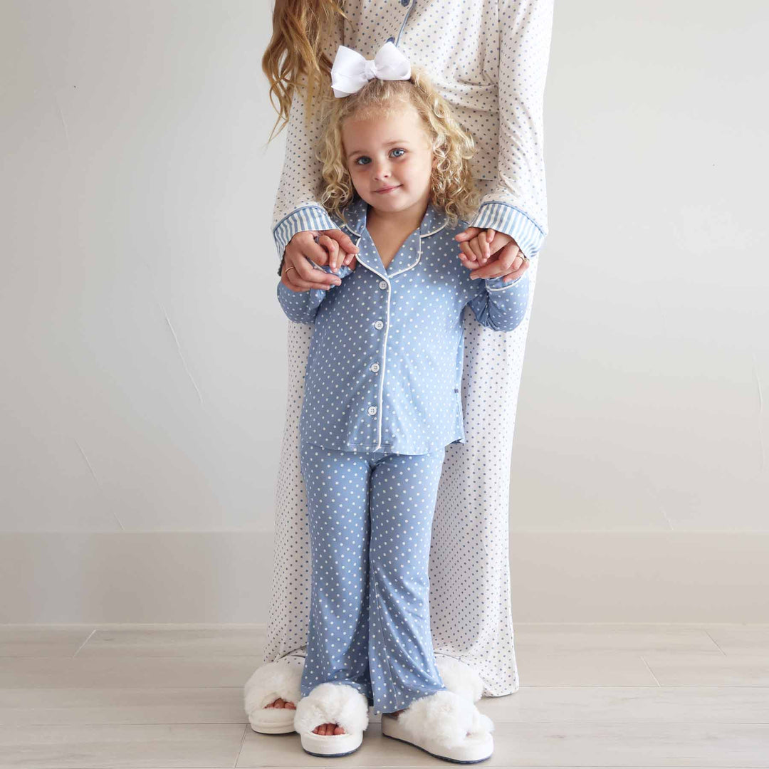 mommy and me matching lounge sets blue and white polka dots 