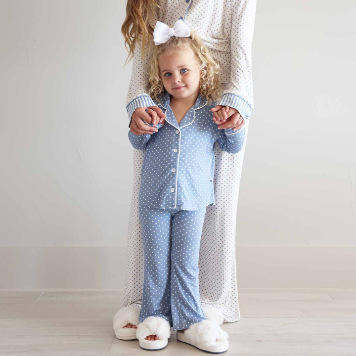 mommy and me matching lounge sets blue and white polka dots 