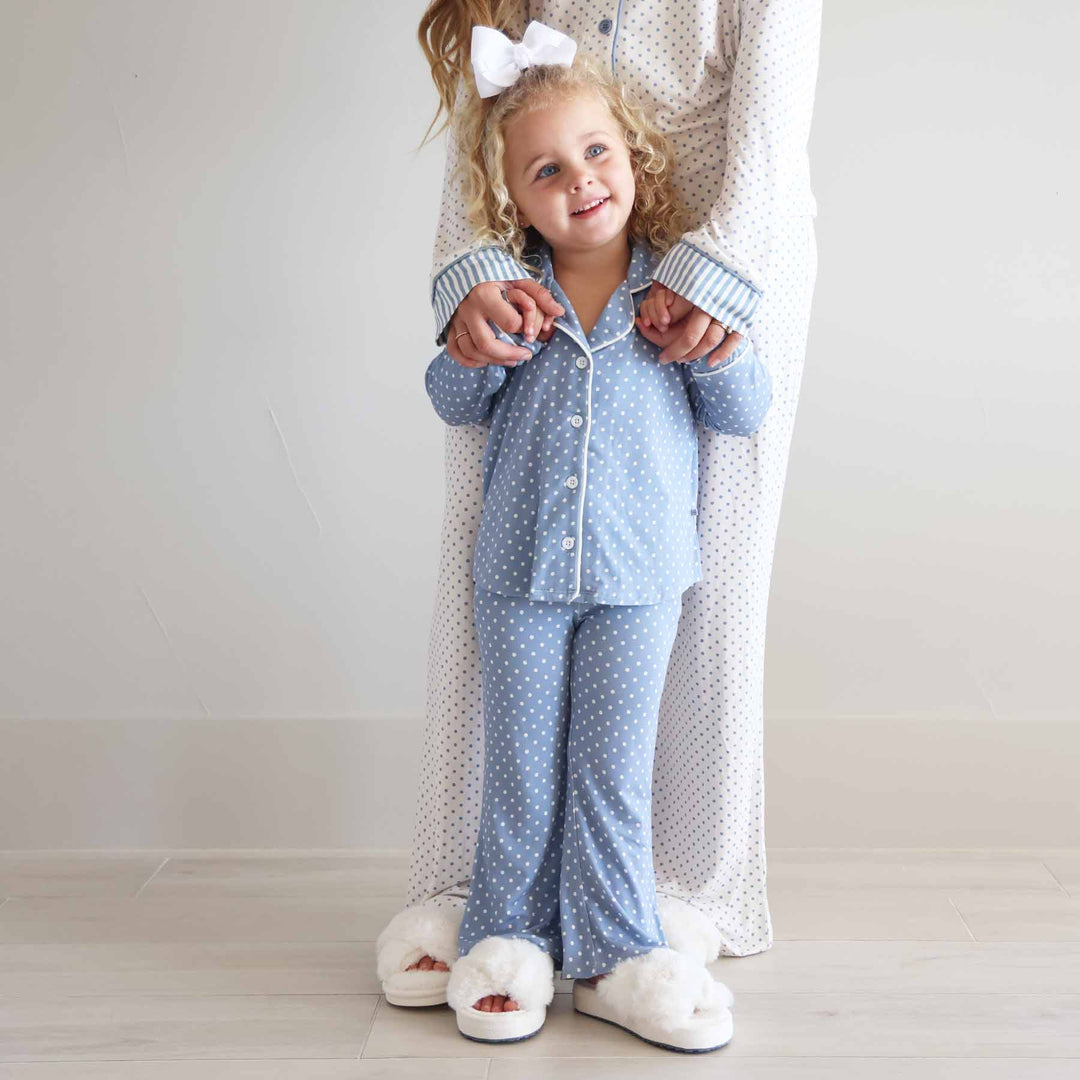 mom and daughter matching polka dot long sleeve bamboo lounge sets 