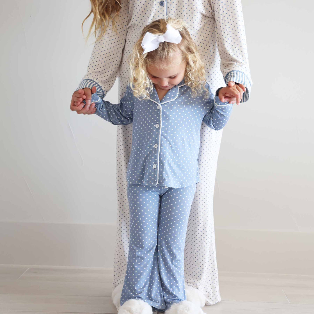 girl's long sleeve polka dot lounge set that matches with mom 