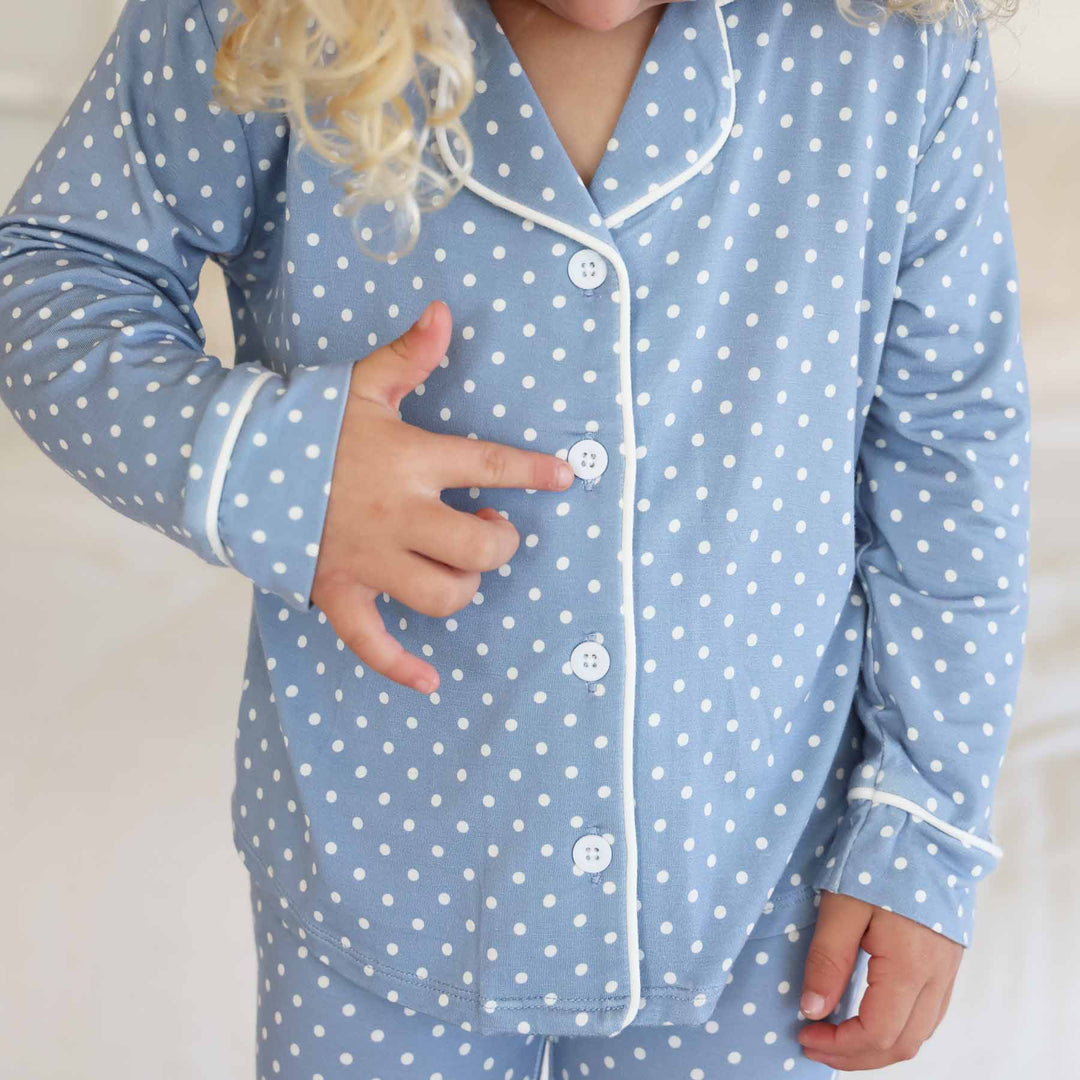 close up of girl's lounge set long sleeve with polka dots 