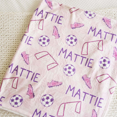 pink soccer themed blanket for kids with name 