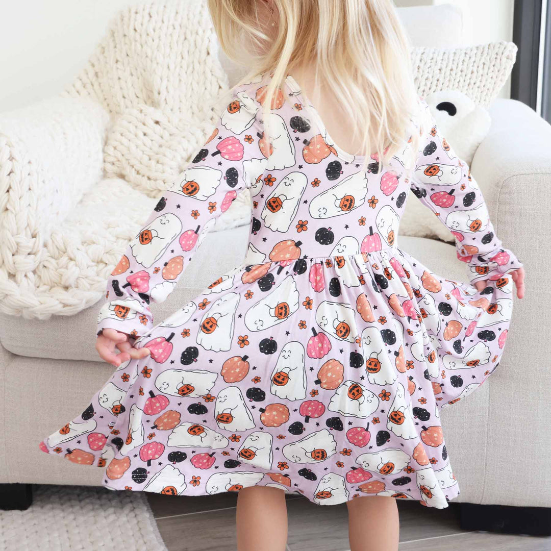pink and purple twirl dress with ghosts and pumpkins for girls 