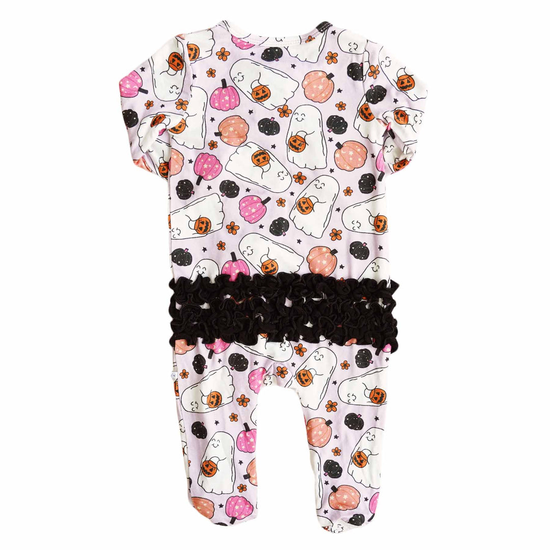 ruffle bottom footie for babies halloween with girly ghosts 