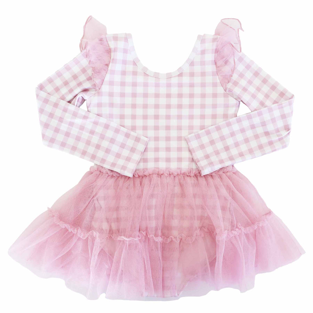 pink and white gingham tulle skirt leotard with pink tulle shoulder detailing 