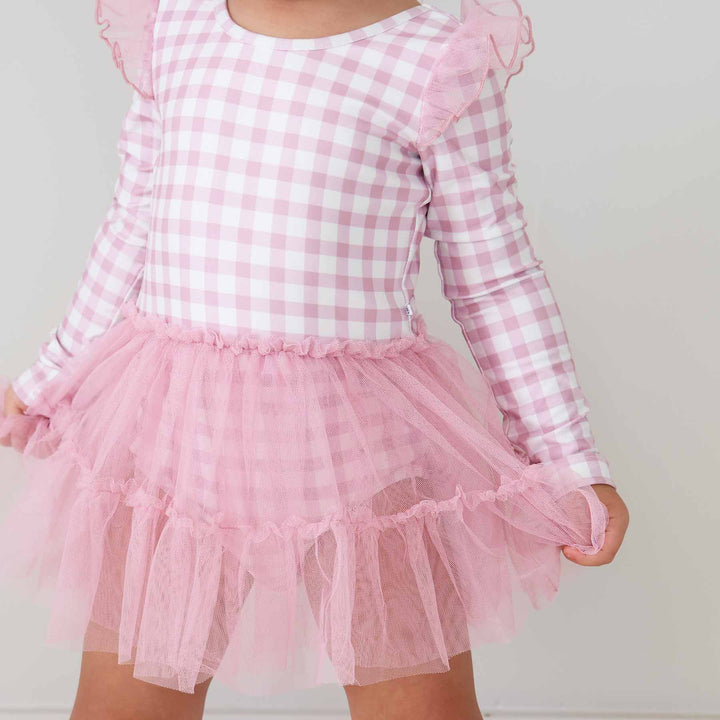 girly gingham leotard for girls with tulle skirt 