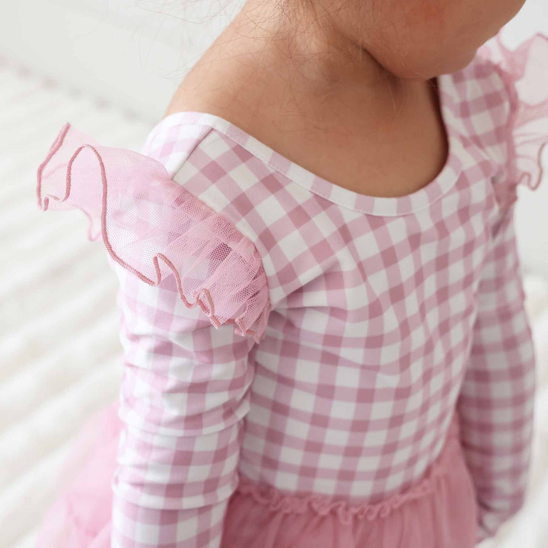 pink tulle ruffle shoulder girls leotard