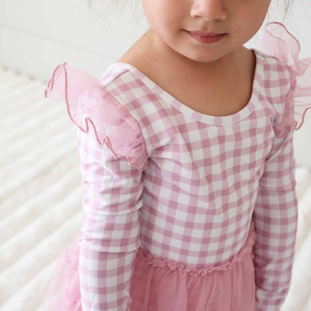 girly gingham ruffle skirt and shoulder leotard