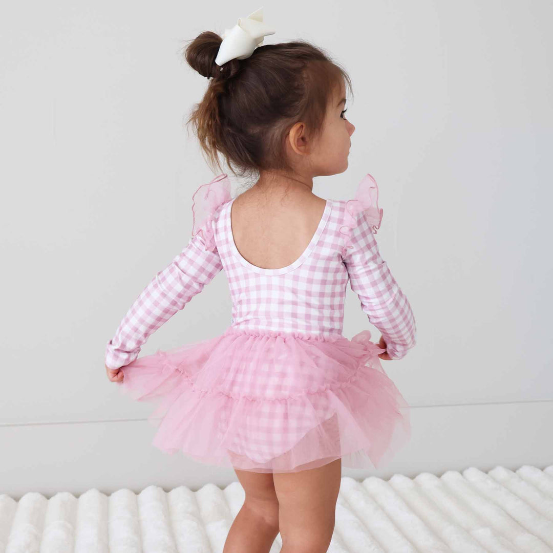 pink and white gingham long sleeve scoop back leotard for toddler girls 