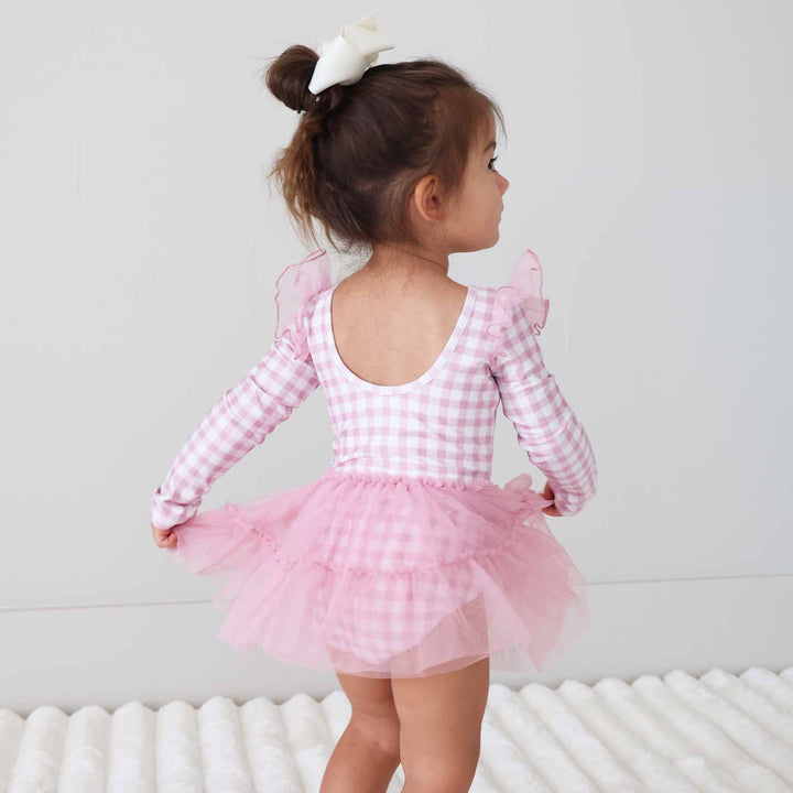 pink and white gingham long sleeve scoop back leotard for toddler girls 