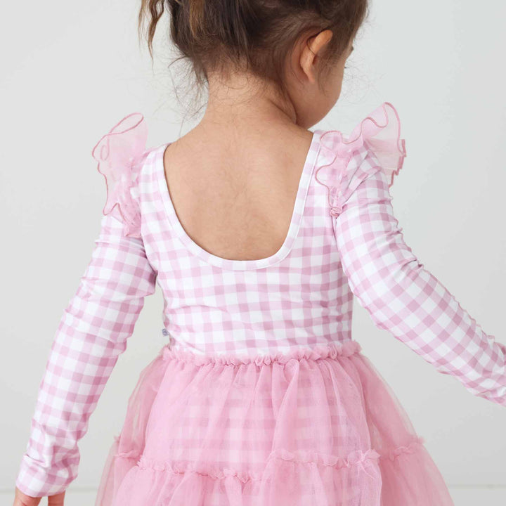 pink and white gingham scoop back long sleeve leotard with pink tiered tulle skirt with tulle shoulder details
