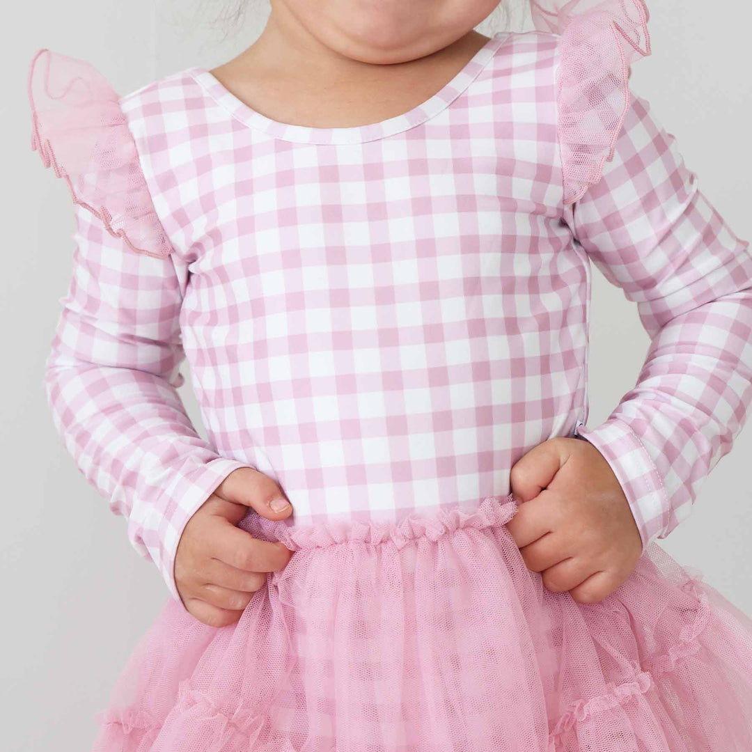 pink and white gingham tulle leotard for girls with long sleeves 