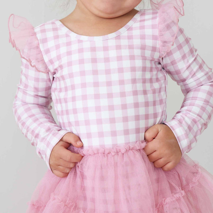 pink and white gingham tulle leotard for girls with long sleeves 