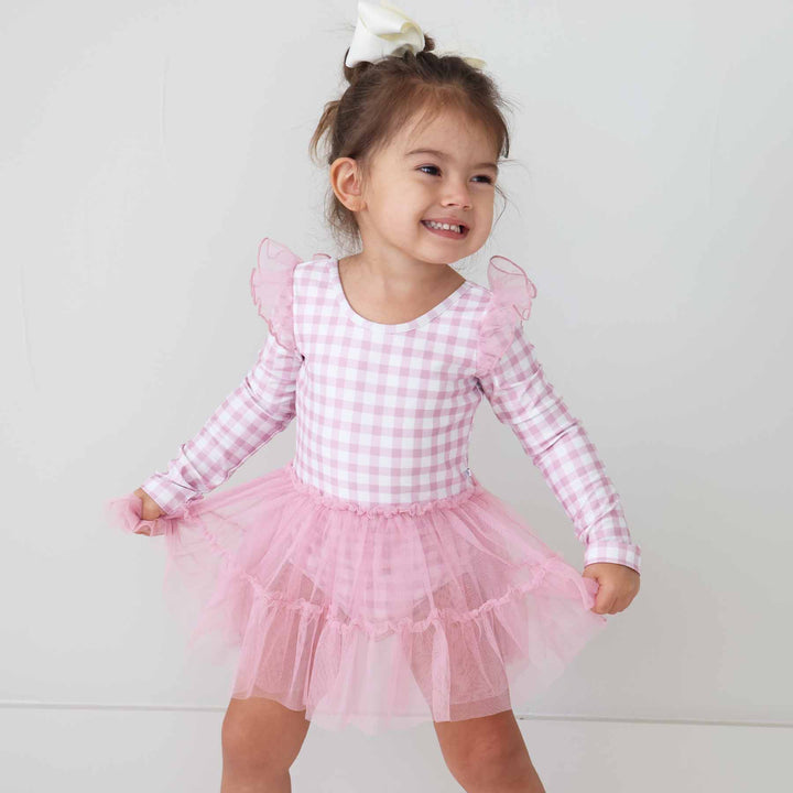 girls ballet leotard pink and white gingham with long sleeves 