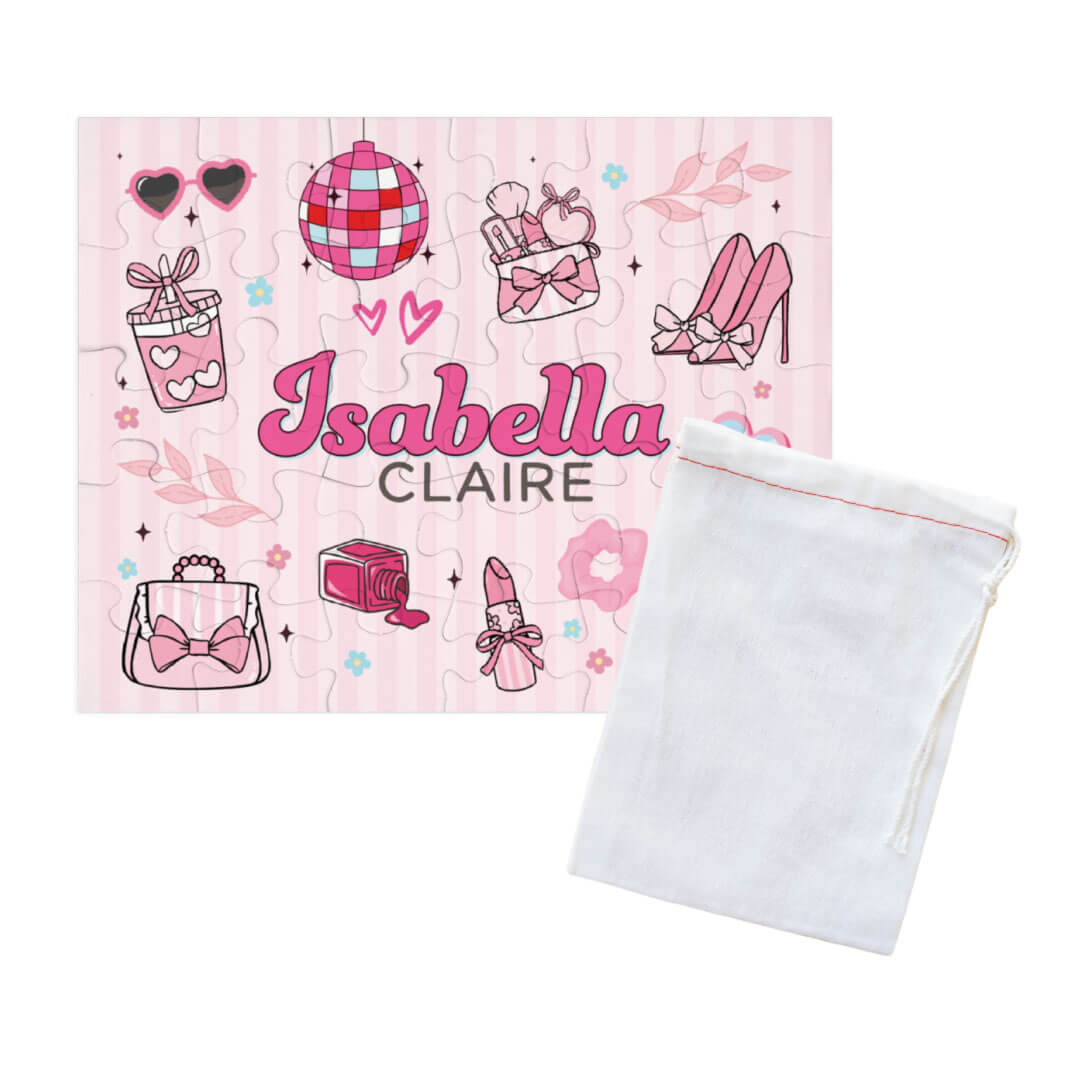 makeup, purse, disco ball and shoe pink personalized puzzle for kids with drawstring bag 