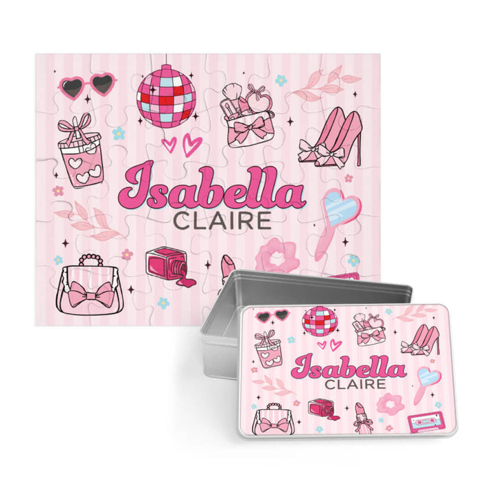 glamour girl pink personalized puzzle for kids with matching tin