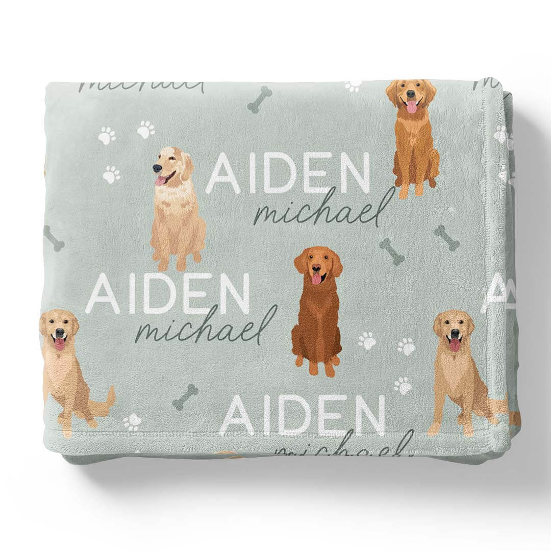 personalized kids blanket with golden retrievers green