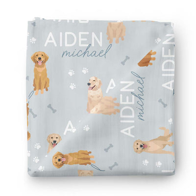 blue personalized baby name swaddle blanket  with golden retrievers