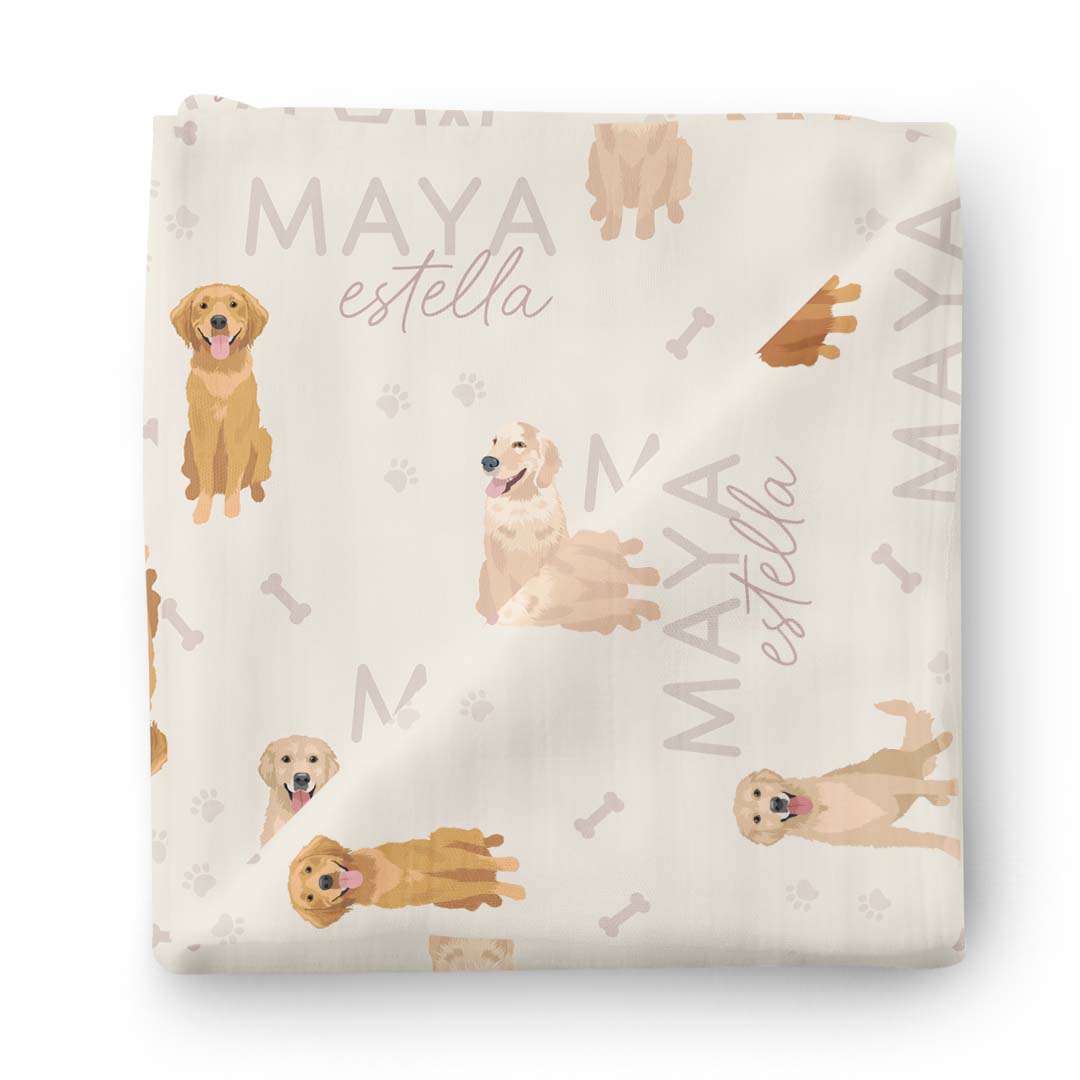neutral personalized swaddle blanket with golden retrievers