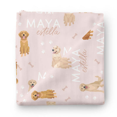 pink personalized swaddle blanket with golden retrievers