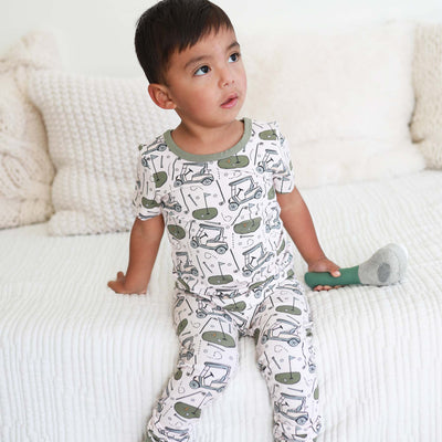golf themed pajamas for kids green and cream 