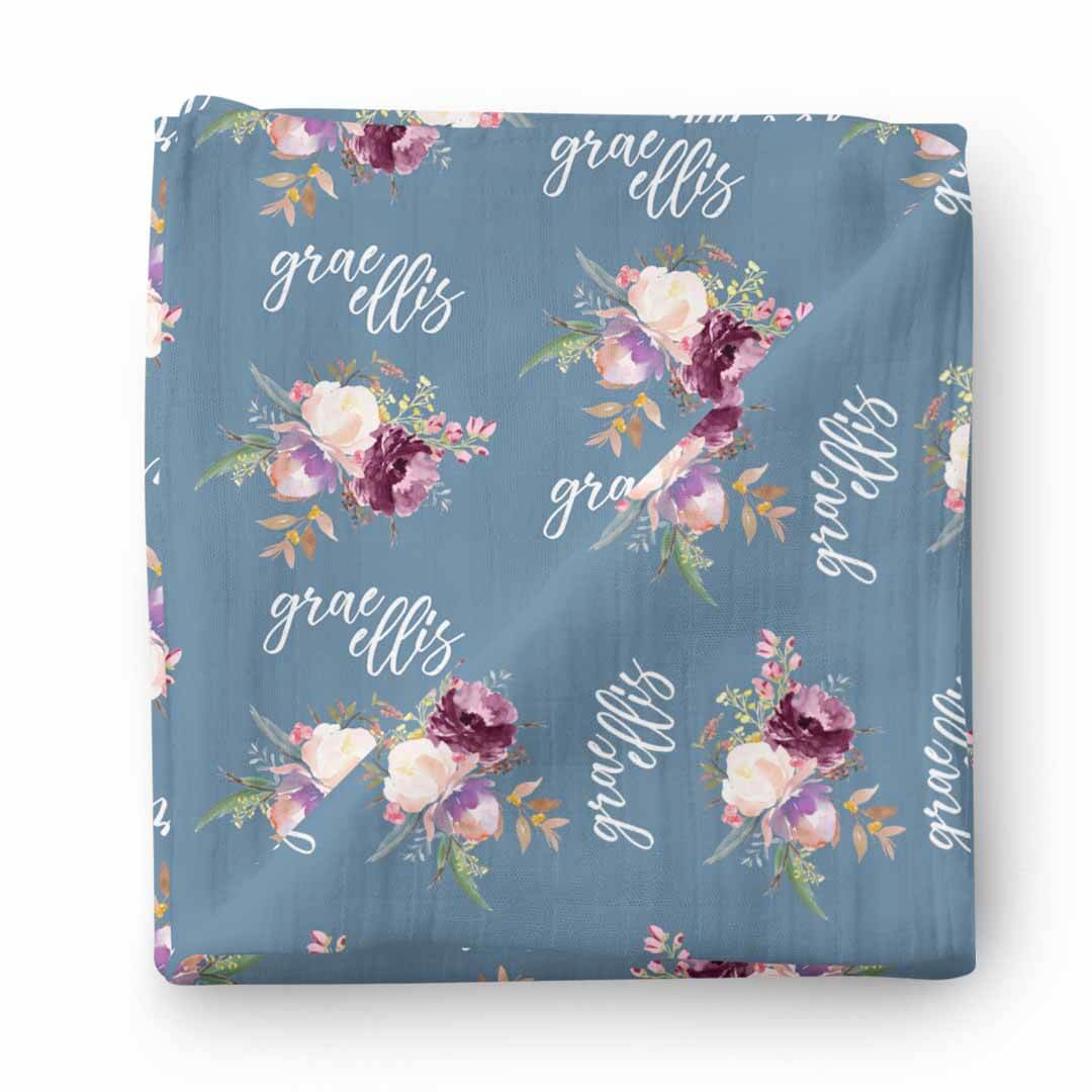 dusty blue floral personalized swaddle blanket