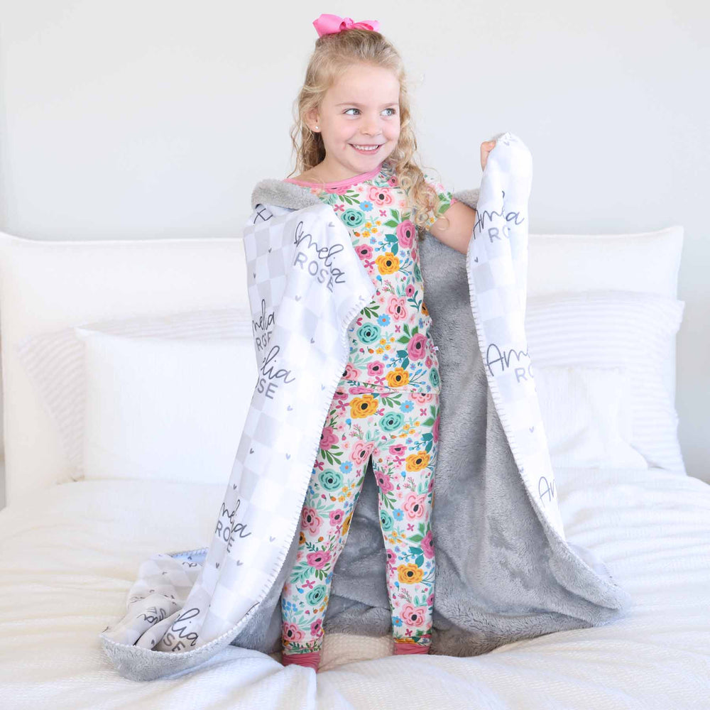 gray check with hearts personalized fuzzy blanket for girls