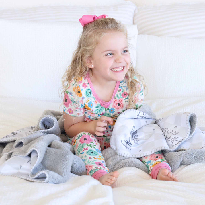 personalized sherpa blanket grey checkered print with hearts