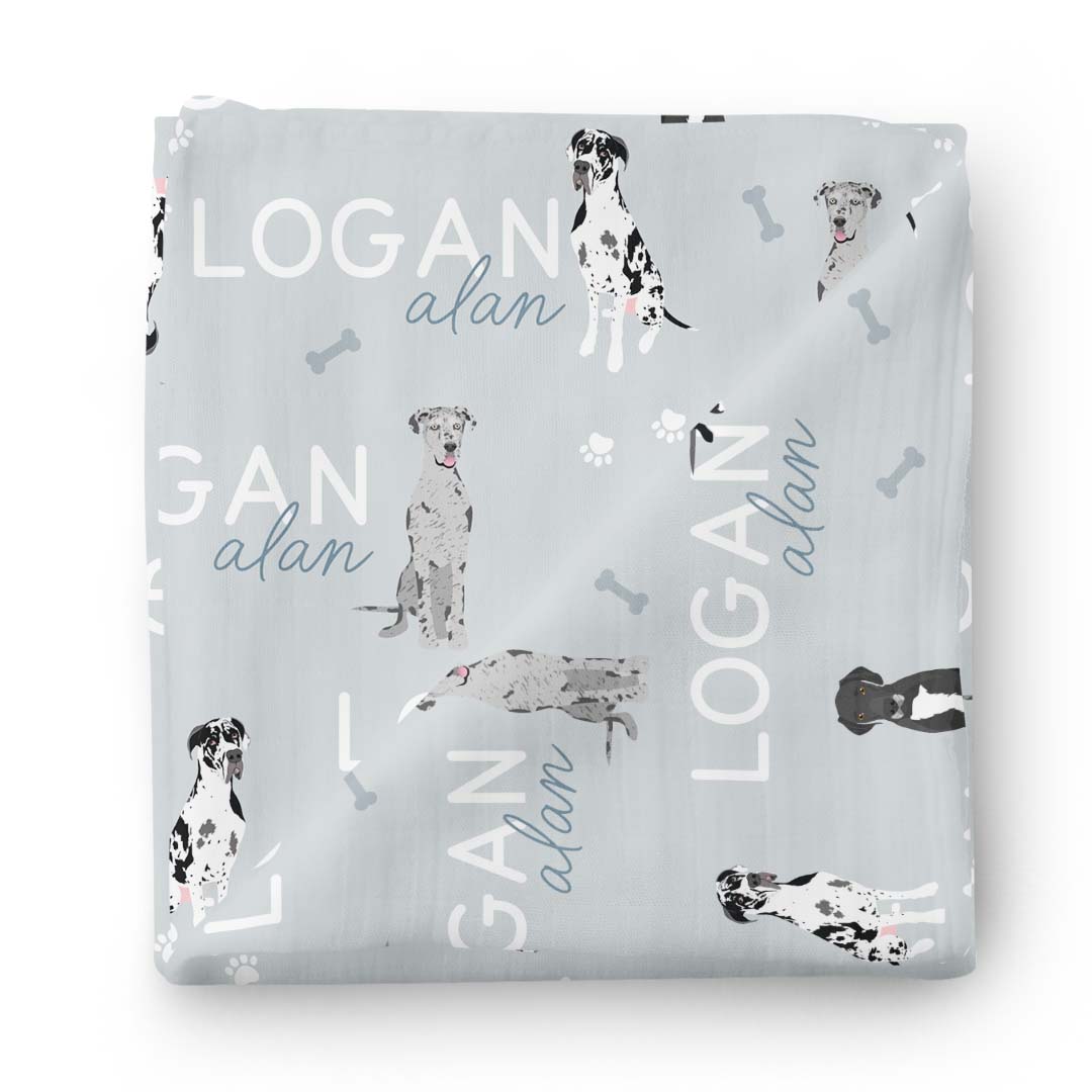 blue personalized swaddle blanket with great danes 