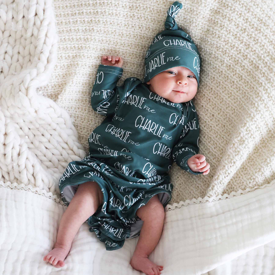 emerald green personalized newborn knot gown for babies