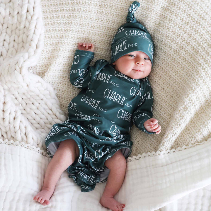 emerald green personalized newborn knot gown for babies